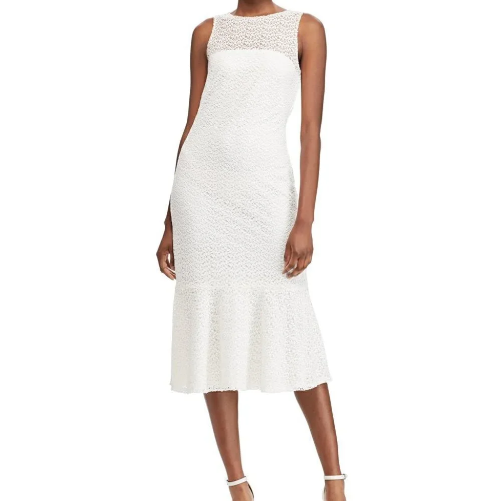 Lauren Ralph Lauren Dress Floral Lace Yoke Midi in White & Wheat Sz 2 - Picture 1 of 10
